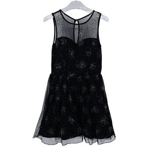 Y2K dELiA*s Black Glitter Mesh Fit & Flare Party Dress L Sheer Illusion Neckline